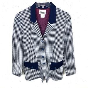 Vintage d'knits Womens Gingham Blazer 3 Button Navy White Notch Collar Medium